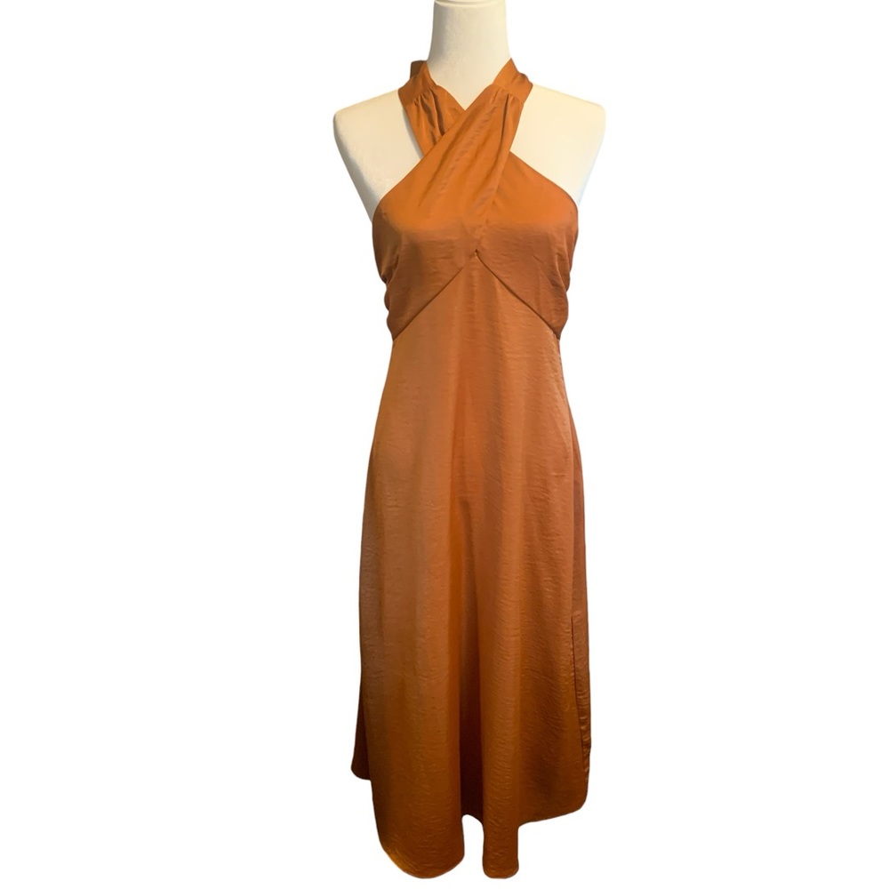House of Harlow 1960 Satin Criss Cross Halter Dress Bronze Rust Orange | Size M